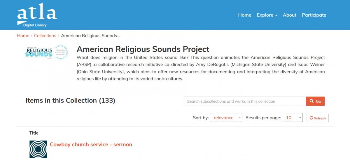 A screenshot of the Atla Digital Library Website page for the American Religious Sounds Project collectio, shoowing the ARSP logo, a description of the project, and a list of sound clips.