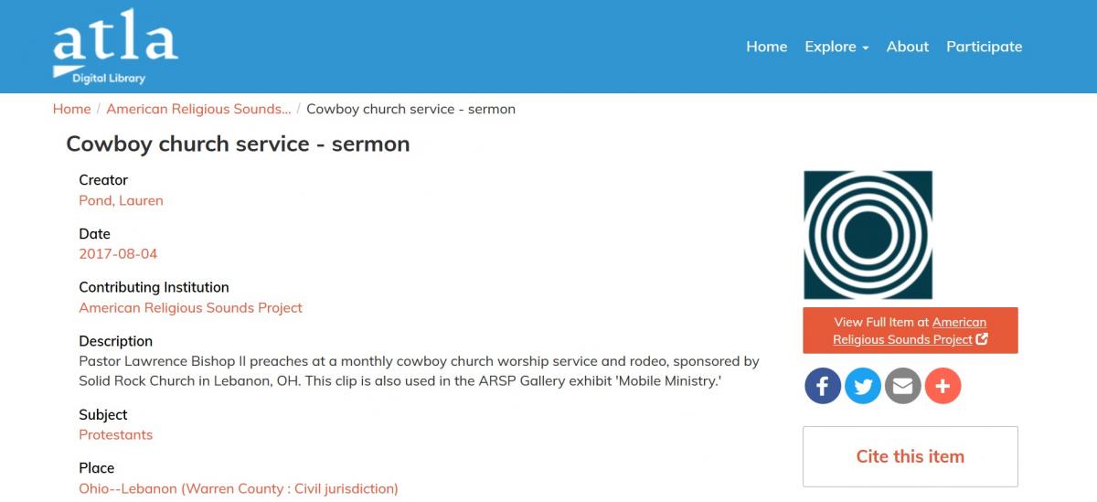 A screenshot of the Atla Digital Library website page for " Cowboy church service - sermon," a clip from the American Religious Sounds Project archive. 