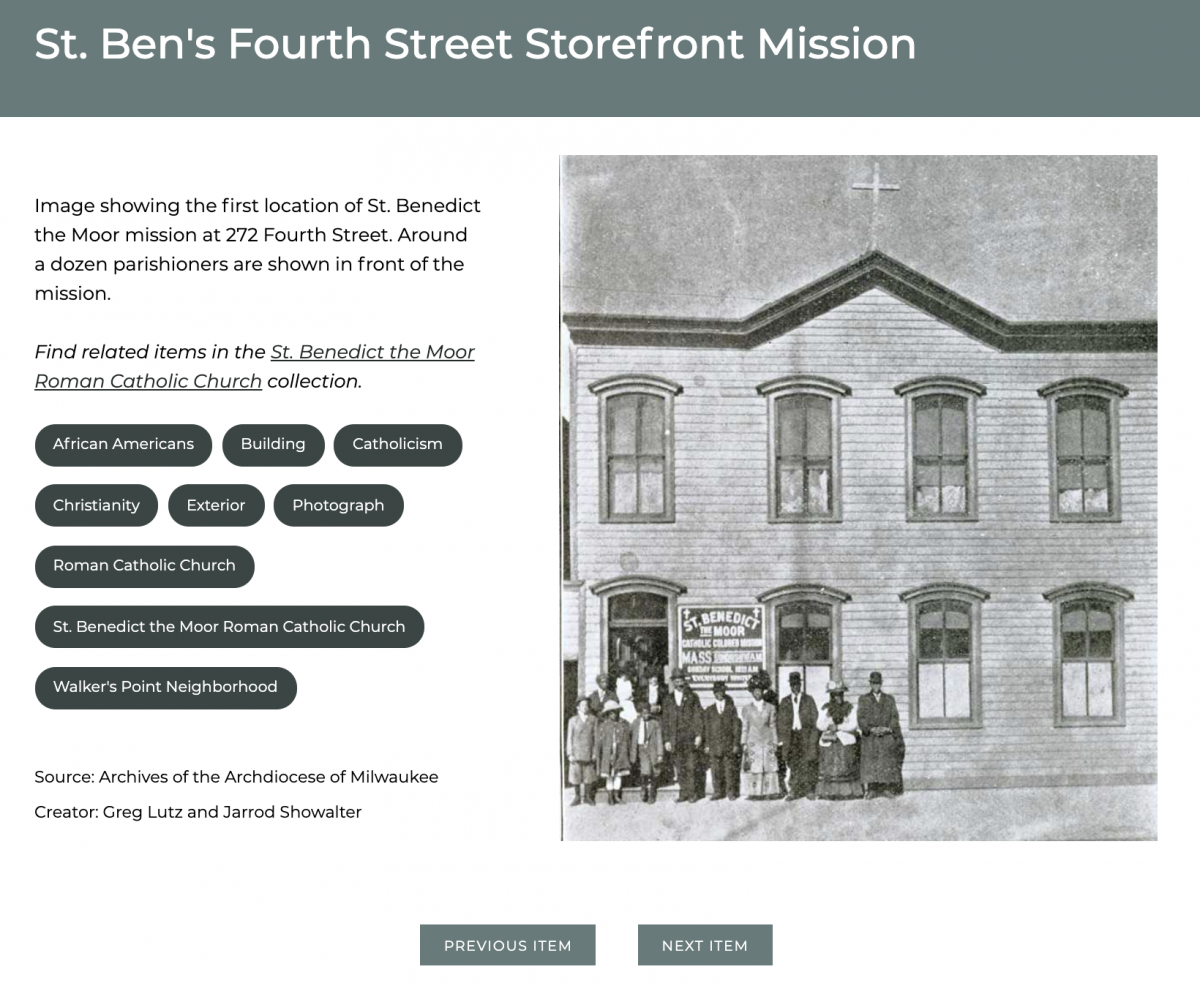 St. Ben's Fourth Street Storefront Mission. Image showing the first location of St. Benedict the Moor mission at 272 Fourth Street. Around a dozen parishioners are shown in front of the mission. 